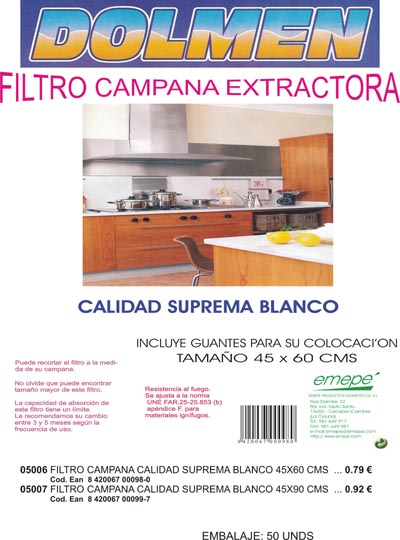 Filtro Campana Calidad Suprema Blanco 45x60 CMS